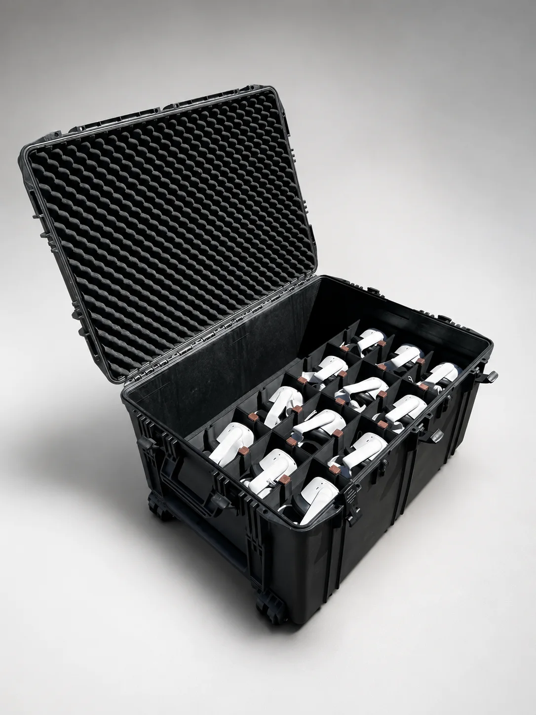 The Briefcase VR training system, open and loaded with 12 headsets