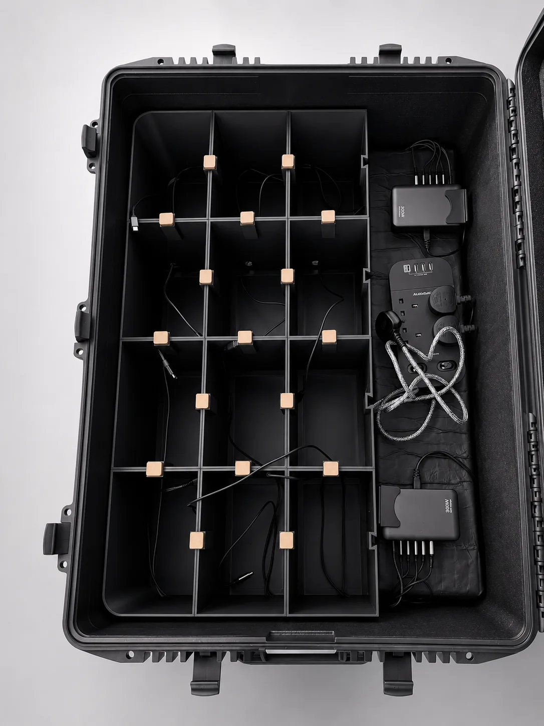 Open Briefcase case showing the empty modular insert grid and charging hardware