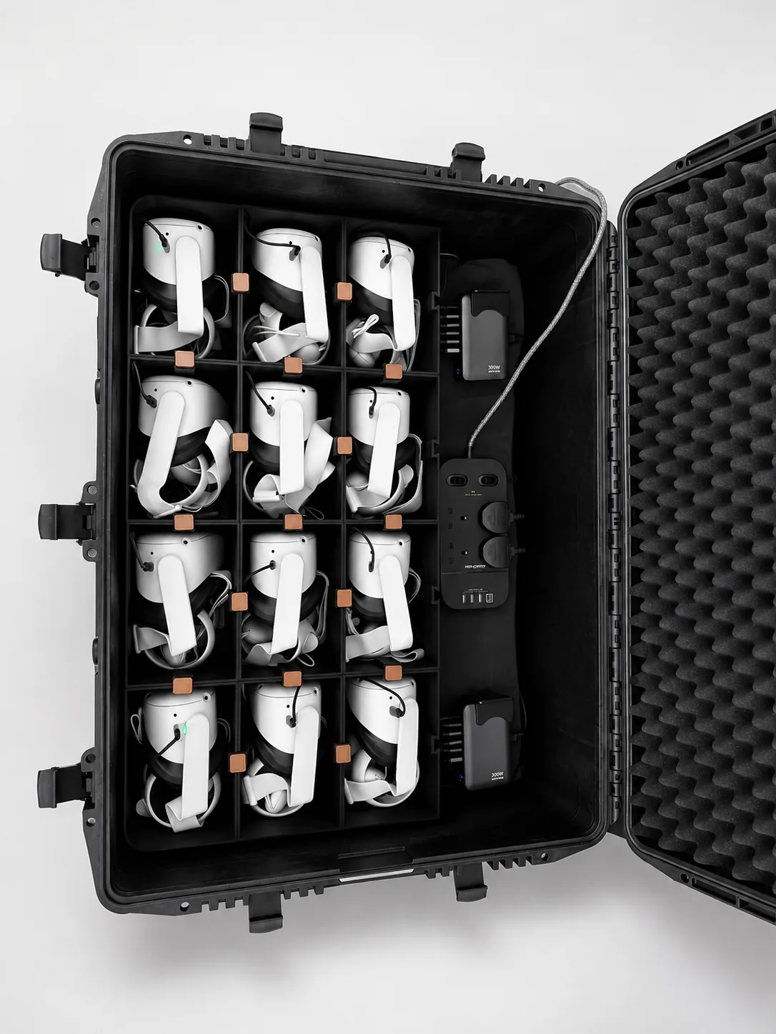Open Briefcase case fully loaded with 12 VR headsets