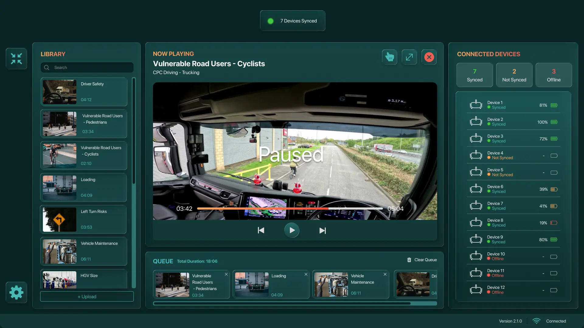 Briefcase Control showing the video library, current playback, queue and live status for 12 connected headsets