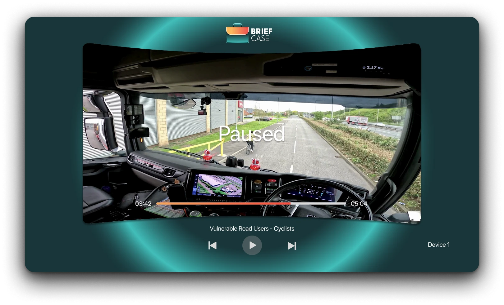 Briefcase headset viewer showing paused training video, progress and device number